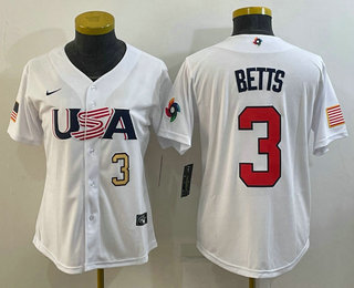 Womens USA Baseball #3 Mookie Betts Number 2023 White World Classic Replica Stitched Jersey